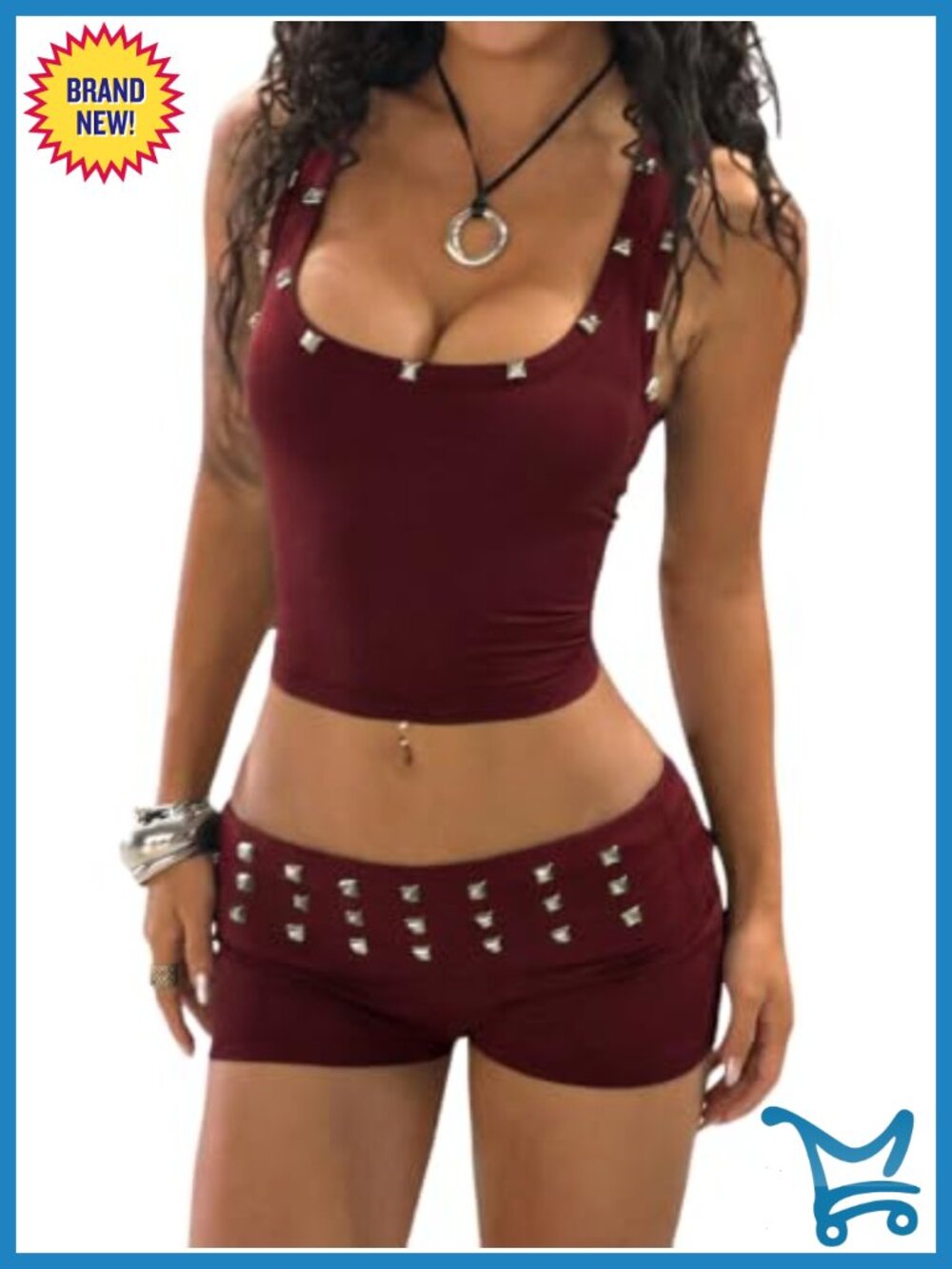 SHENHE Women's 2 Piece Studded Crop Tank and Micro Shorts Set Punk Y2K